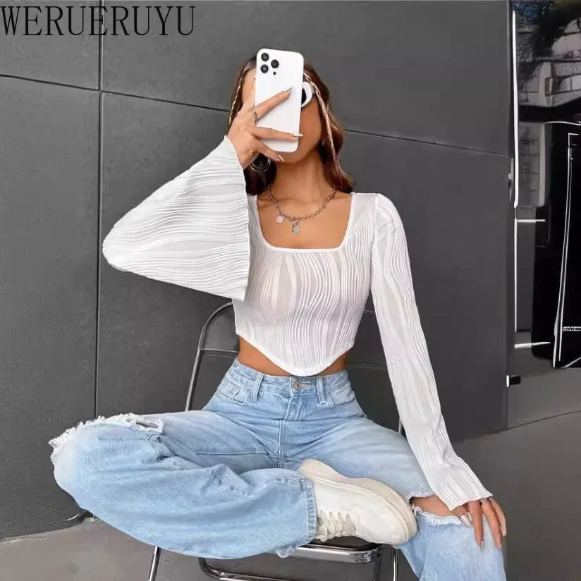 Sexy White Slim T-shirt Long Sleeve Crop Top Women Y2k Clothes Autumn and Winter Flare Sleeve Water Ripple T-shirts Womens 2024