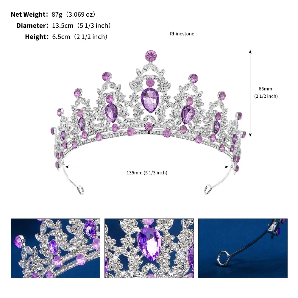 أنيقة الأرجواني حجر الراين تاج الزفاف جراند الباروك كريستال تاج إكسسوارات الشعر أغطية الرأس حفل زفاف للنساء