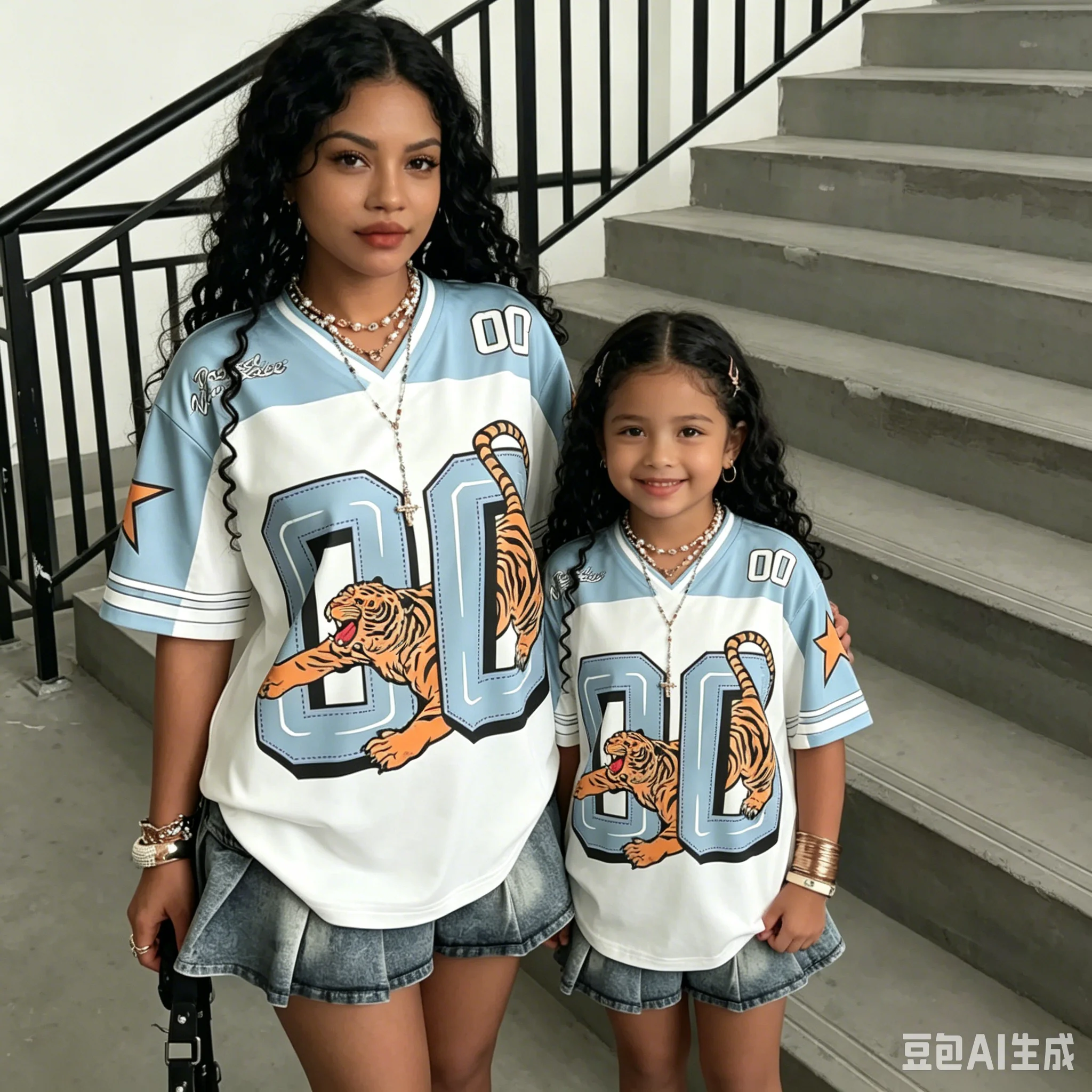 Summer Baseball Jerseys TIGER NUMBER Print V-Neck Short Sleeve T-Shirt Summer Stripe Loose Ventilate Sport Tops Family Matching