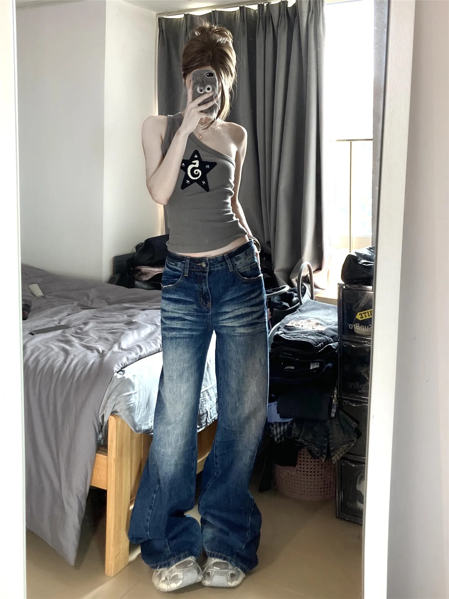 

Retro American Folded Wide Leg Jeans Women's Spring Autumn Loose Drapey High Waist Extended Casual Pants Cotton Natural Waist