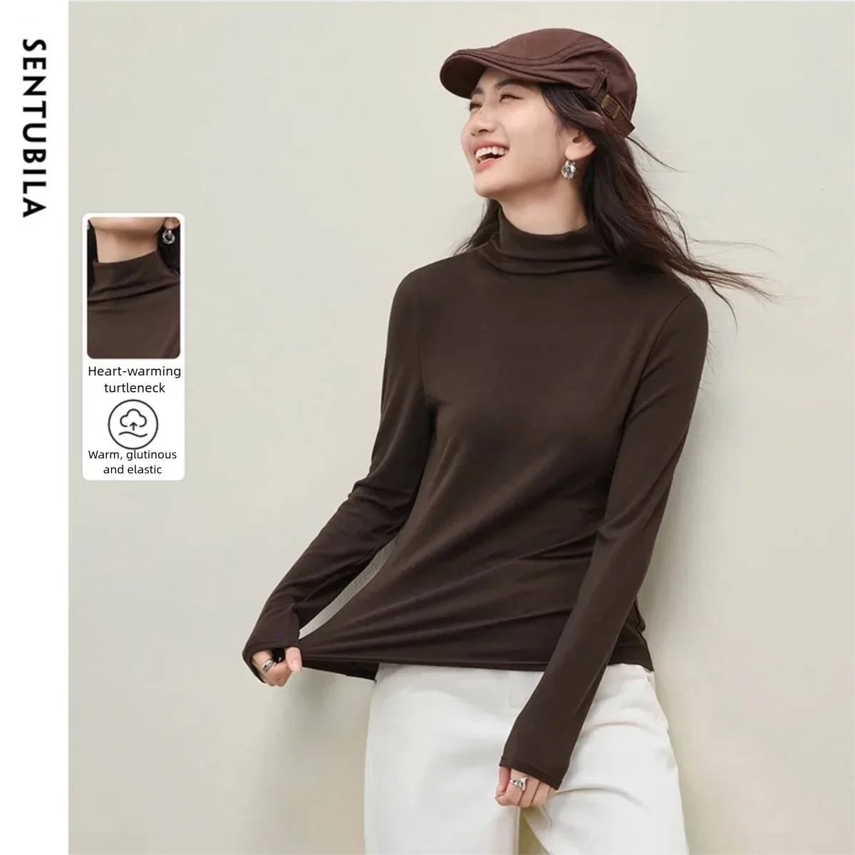 

SENTUBILA Basics Tees for Women 2025 Soild Wool Blend Knitted T-shirt Long Sleeve High Neck Slim Winter Ladies Tops W54SF4912