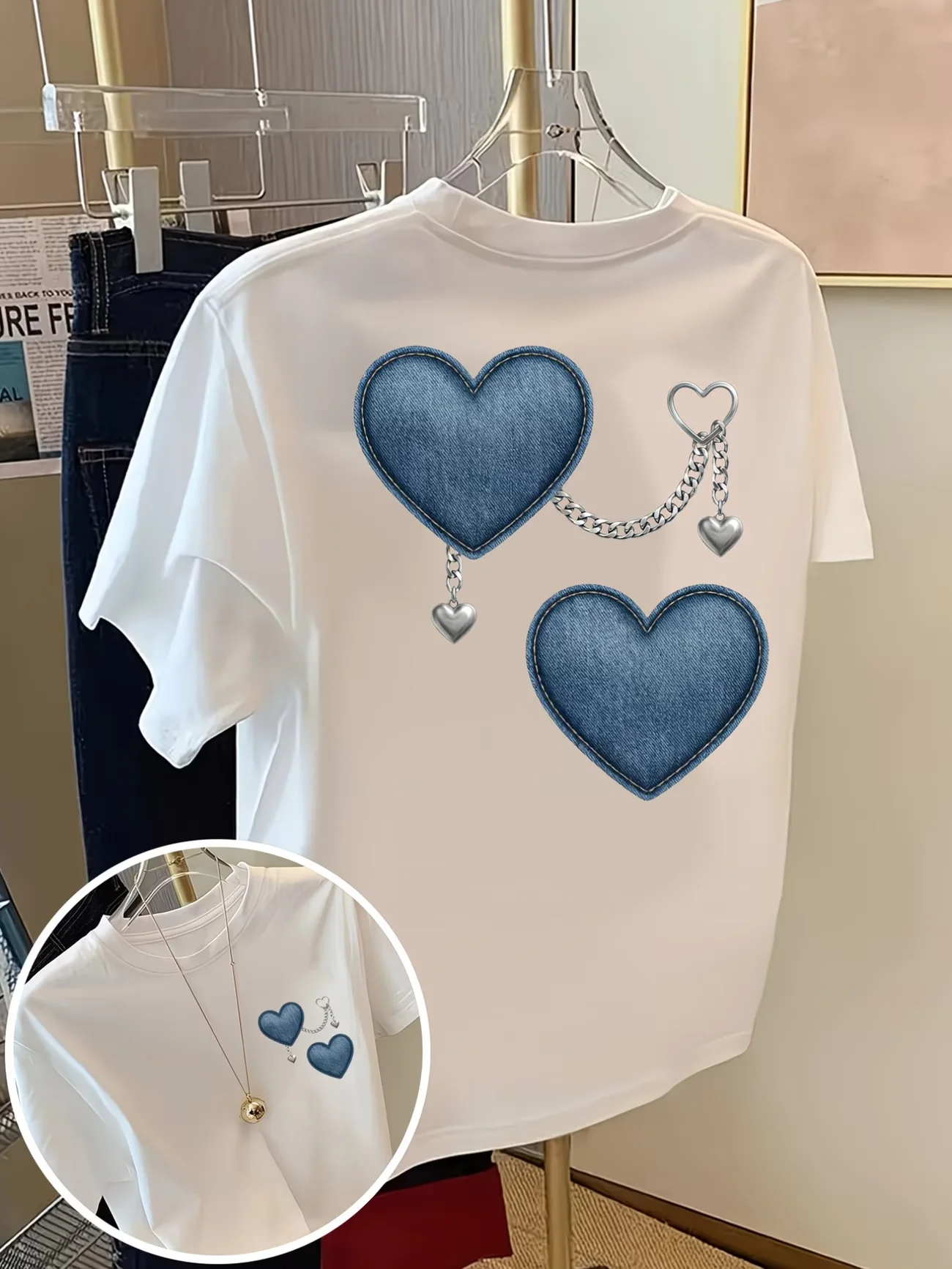 Denim Heart Graphic T Shirt Women Chain Print Y2K Aesthetic Cute Blue Heart Summer Short Sleeve Harajuku Loose White Top