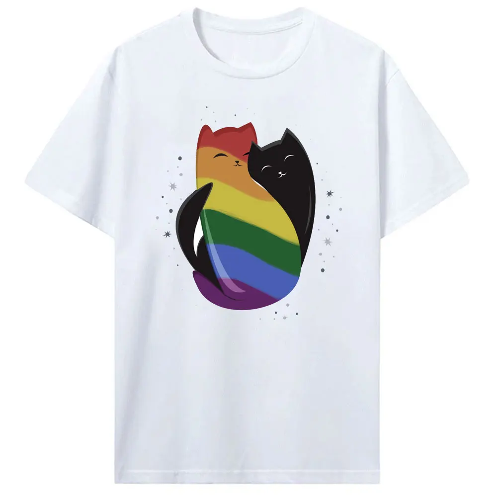 Funy Cuddle Cat LGBT Pride Month Gay Lesbian Rainbow Ally Summer Cotton T-Shirt Woman Summer Clothing Graphic Tees Gifts Lesbian