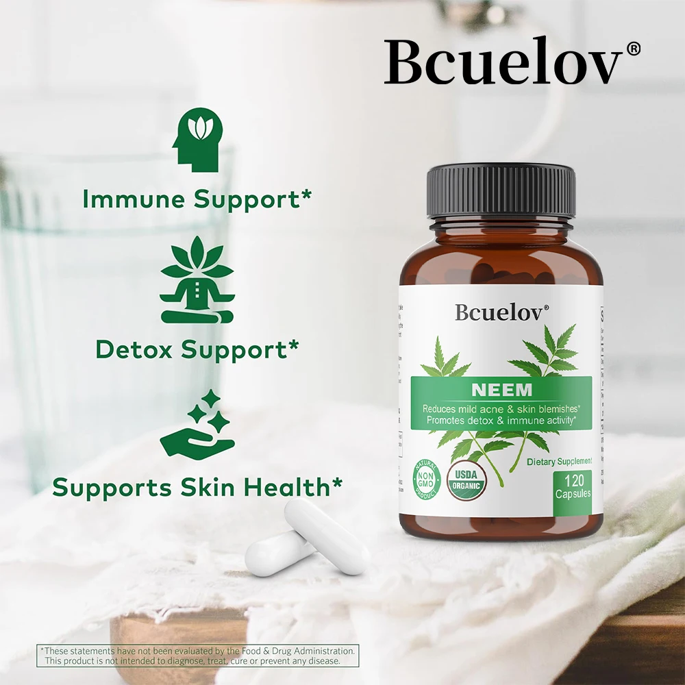 Organic Neem Capsules - Herbal Acne Supplements Supporting Clear Skin and Detox - Vegan, Non-GMO, Gluten Free