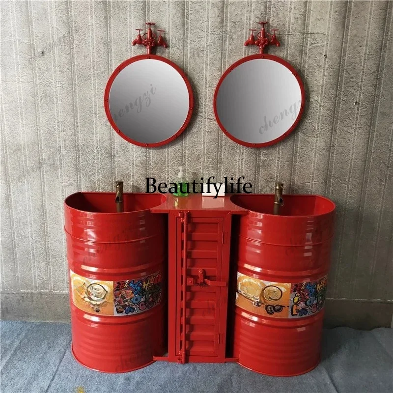 p18  Retro industrial wind semi-round oil drum wash table bar creative personality floor type integrated combination