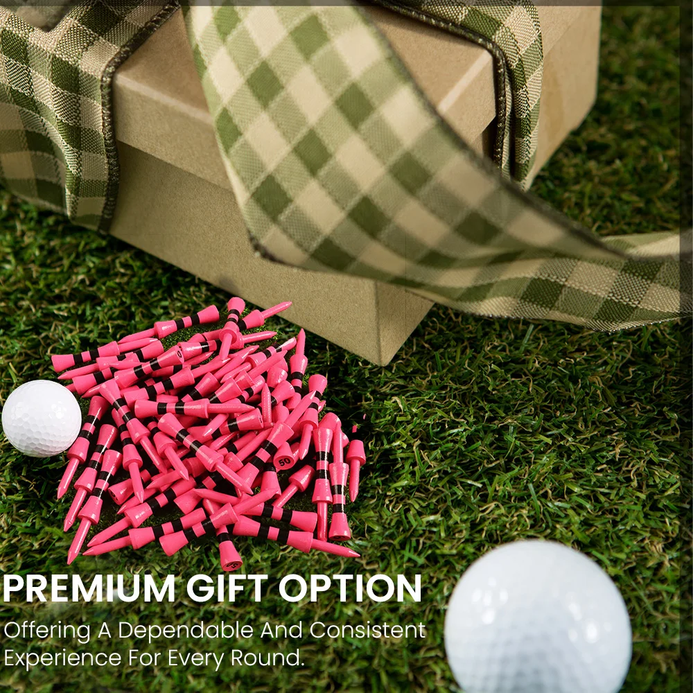 Golf-Tees aus Holz, 50er-Pack, leuchtend rosa, 40/45/50 mm, mit Stufen-Design für hohe Sichtbarkeit und gleichmäßige Höhe – Detail 3