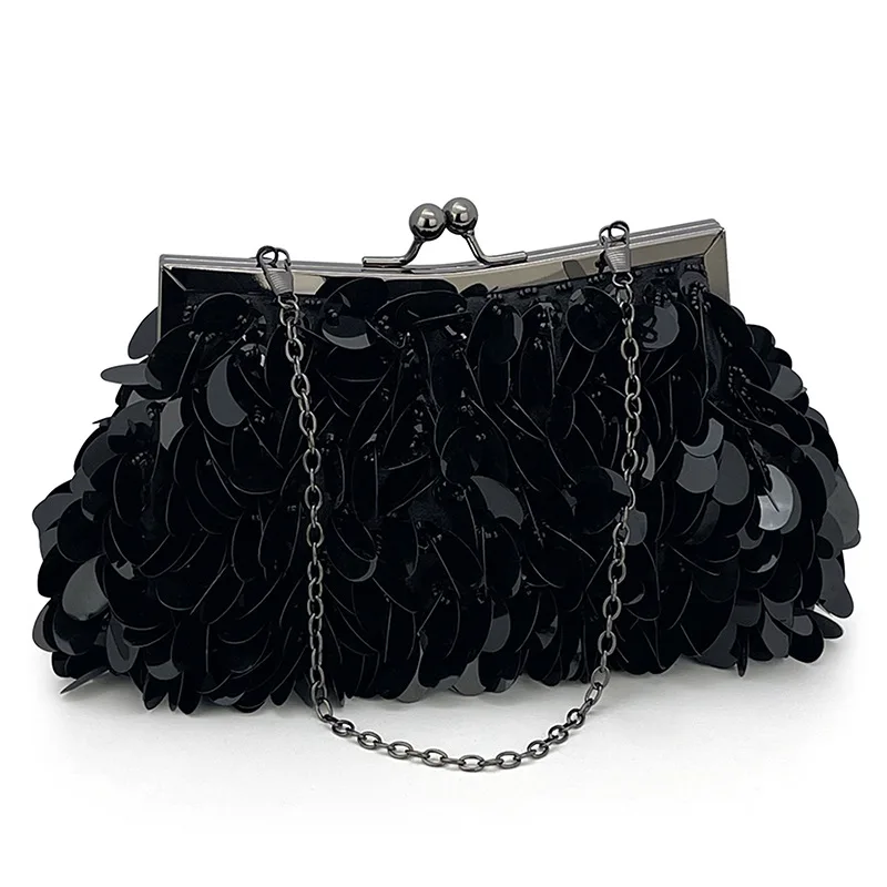 Fashion Sequin Beaded Evening Bag for Women,Green Glitter Clutch Purse,Hand-Woven Chain Shoulder Bag for Dinner Party and Events
