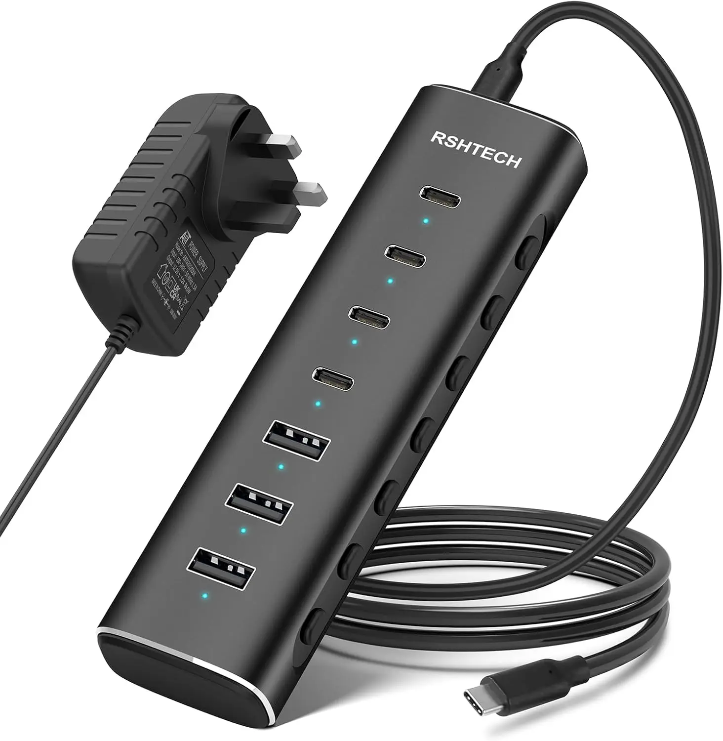 RSHTECH 7 Ports Powered 10Gbps USB C Hub with Individual Touch Switches 12V/3A Power Adapter Aluminum USB Splitter for Laptop PC