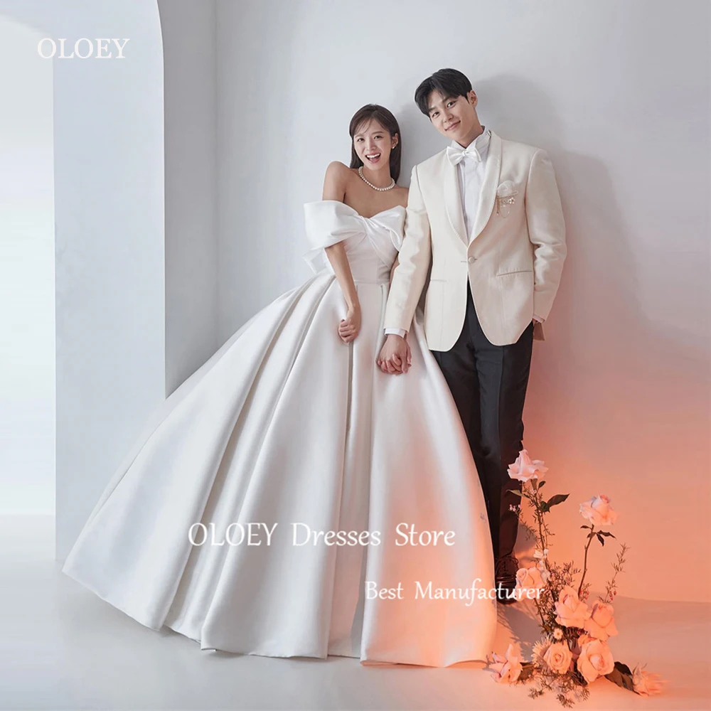 

OLOEY Elegant Good Quality Soft Satin A Line Korea Wedding Dresses Photo shoot Bowknot Floor Length Bridal Gowns Corset Back