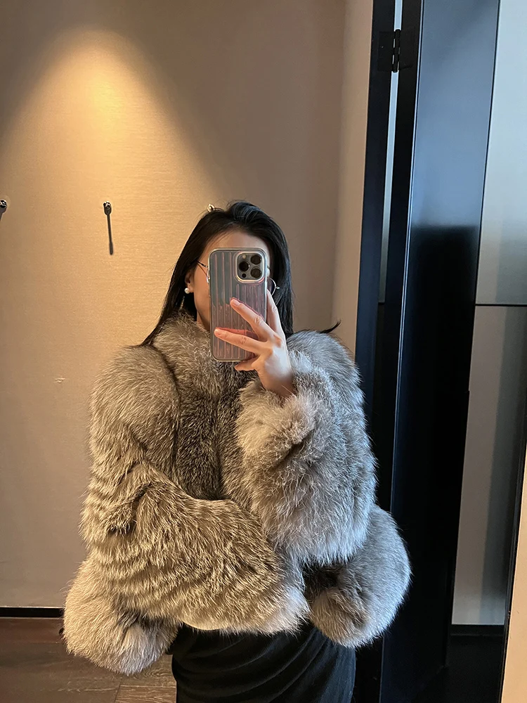 Coat Silver Gray Women's Thickened Warm Fox Fur Soft Comfortable Stand Collar Loose Short Fashion Casual Retro Versatile Winter