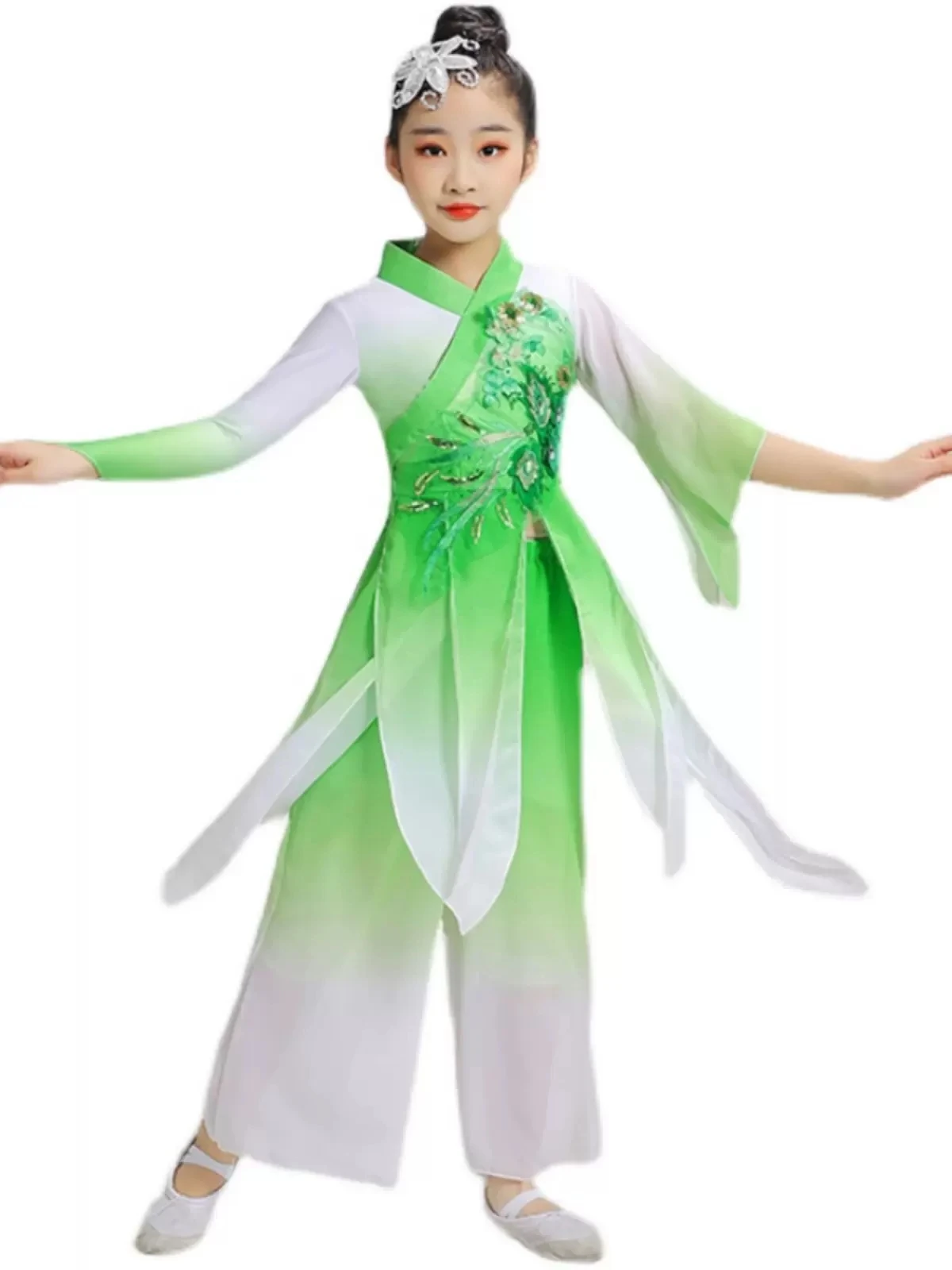 Nuovo costume da ballo classico per bambini ragazza Jasmine Yangko dance green fan ombrello dance costume nazionale elegante