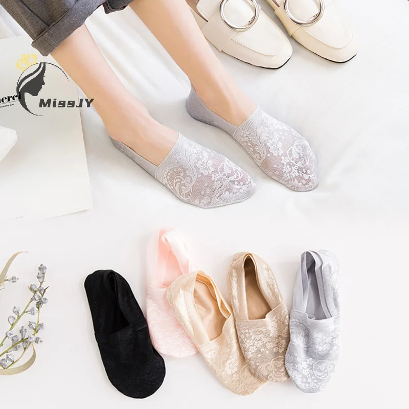 Women Socks Summer Thin Breathable Silicone Non-slip Ladies Invisible Lace Boat Sock Transparent Fashion