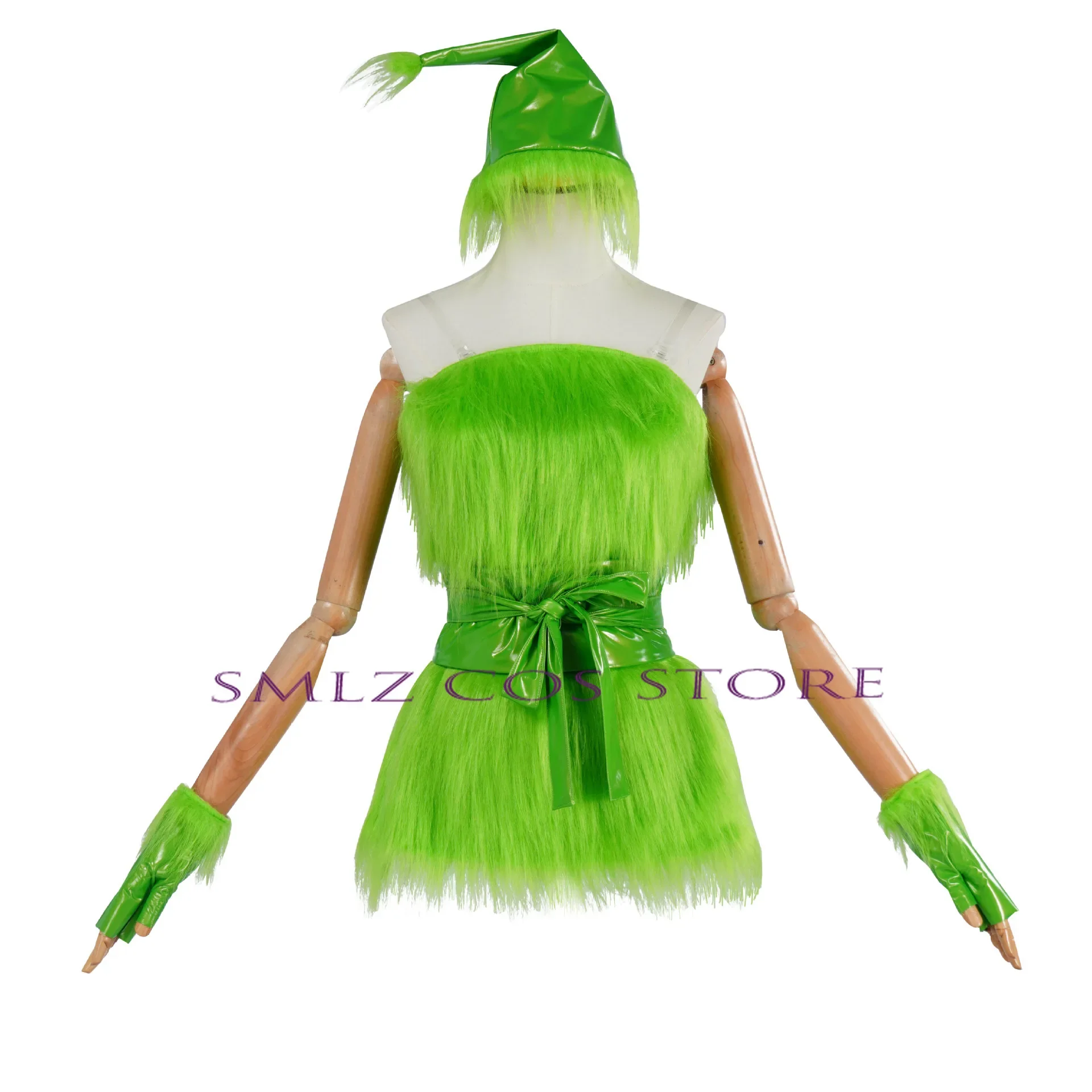 Party Green Genie Cosplay Santa Claus Makeup Ball Stage Performance Costume Christmas Haired Monster Plush Dress Hat Glove Set