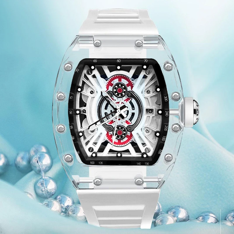 ساعة UTHAI للرجال ماركة متقدمة أوتوماتيكية بالكامل كوارتز ساعة يد مجوفة مقاومة للماء من السيليكون Tonneau ساعات على الموضة