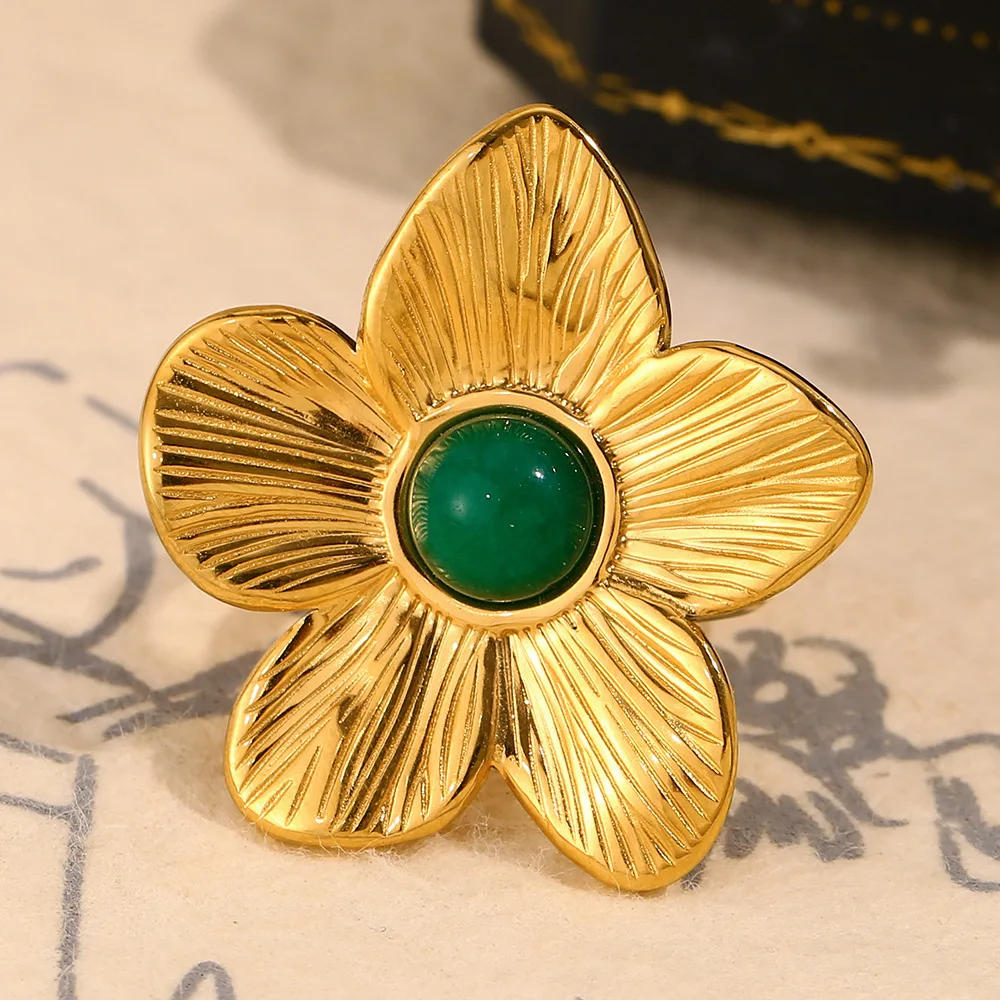 

Ele Retro Turquoise Open Ring for Women Stainl Steel Plated 8K Gold Exaggerated Flower Design Faion Jewelry