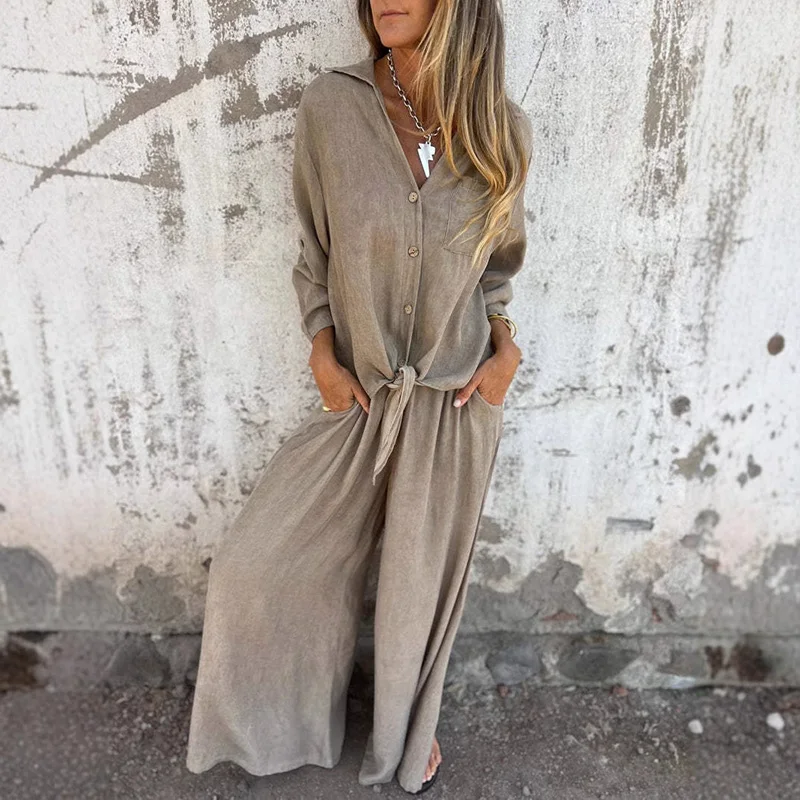 

New Lapel Single Breasted Shirts Long Pants Matching Set Casual Women Vintage Loose 2 Piece Elegant Pocket Pants Commuting Sets