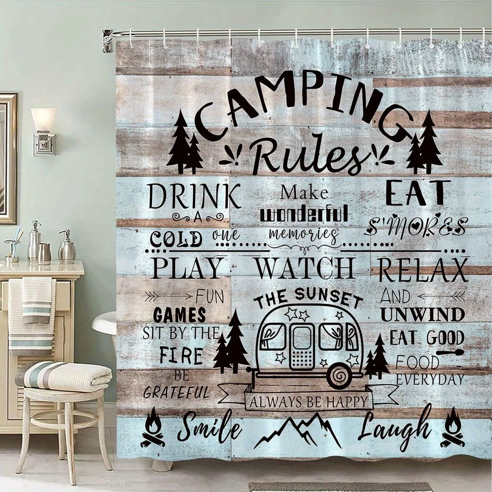 Funny Camping Rules Shower Curtain Rustic Woodland Forest Theme Outdoor Adventure Bathroom Decor Gift