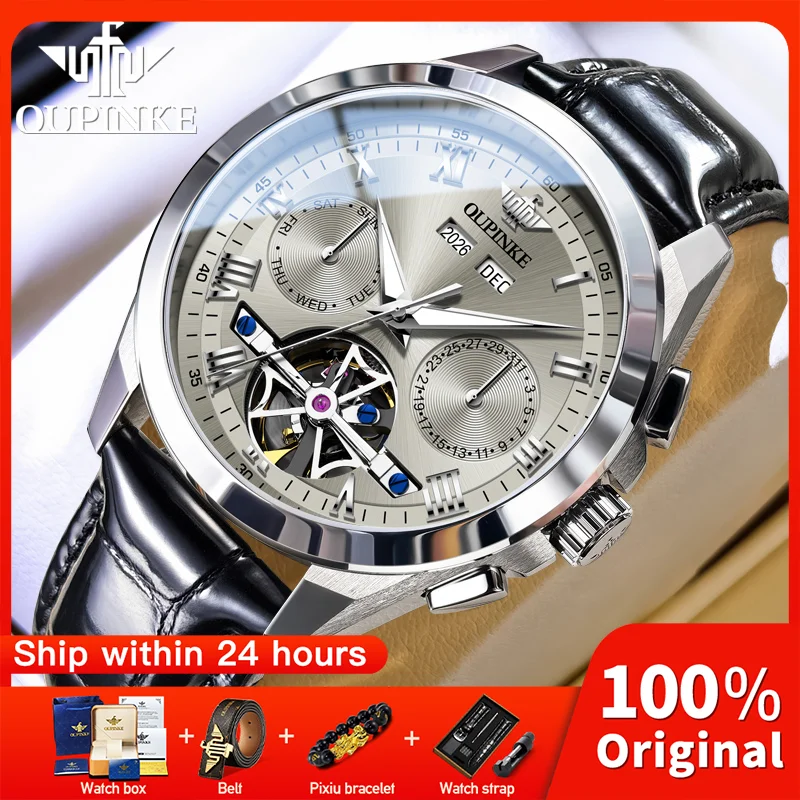 

OUPINKE 3281, лучшие роскошные мужские часы с сапфировым маховиком, механический механизм, кожаный ремешок, светящиеся водонепроницаемые часы с календарем и окном