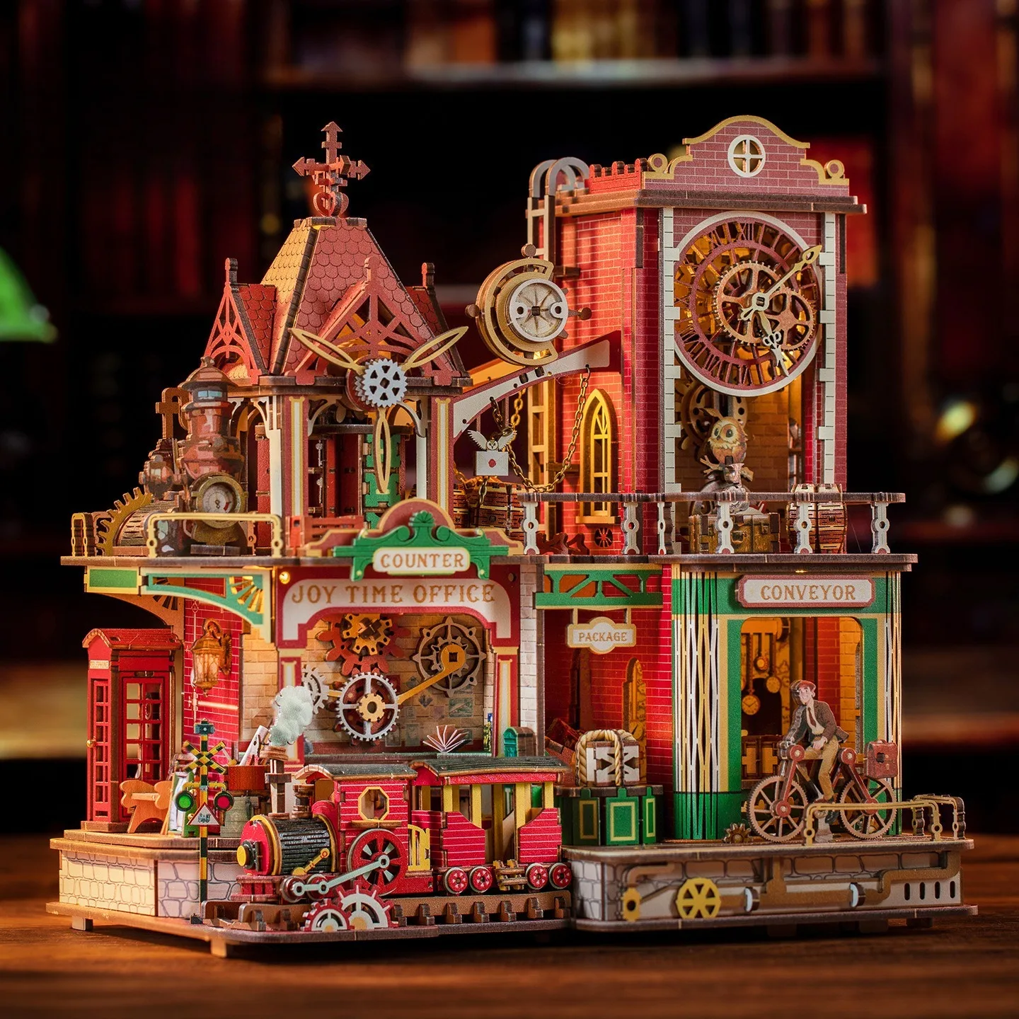 DIY Miniature Post Office Model Kit, 3D Wooden Puzzle Dollhouse with Light, Vintage Retro Room Box Craft, Adult Handmade Buildin