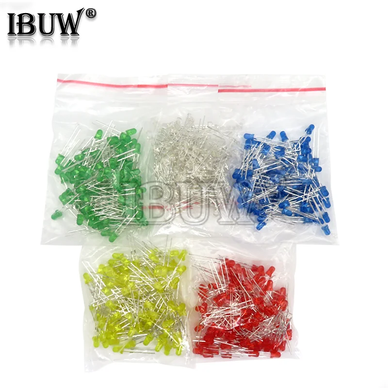 500PCS 3MM LED Diode Kit Mixed Color Red Green Yellow Blue White Each 100PCS