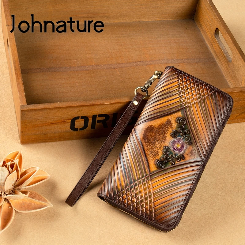 Johnature Women Genuine Leather Hand Wallet 2024 New Vintage Long Zipper Ladies Clutch Bags Cowhide Card Holder Phone Purse