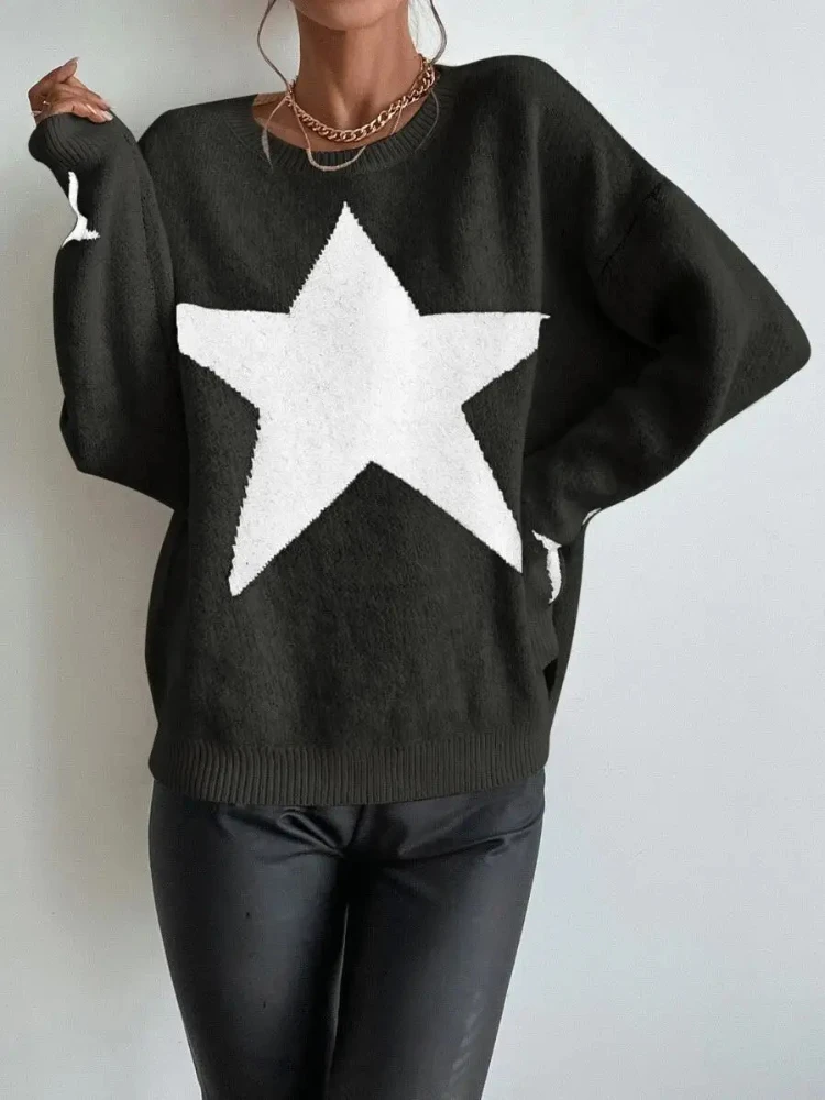 2024 Knitted Women's Sweater Loose Casual O-neck Star shaped Thick Casual Hoodie Women's Jumper Elegant Autumn/Winter Fashion Sw