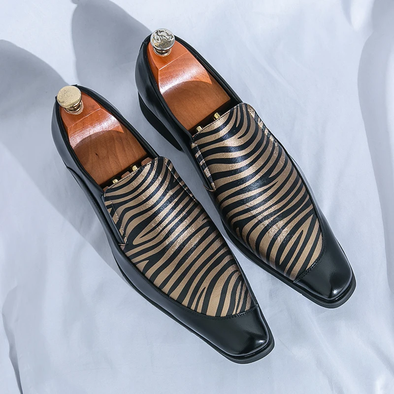 Striped Loafers Men PU Splicing Low Heel Comfortable Fashion Trend Hairstylist Nightclub Shoes Large Size 38-46
