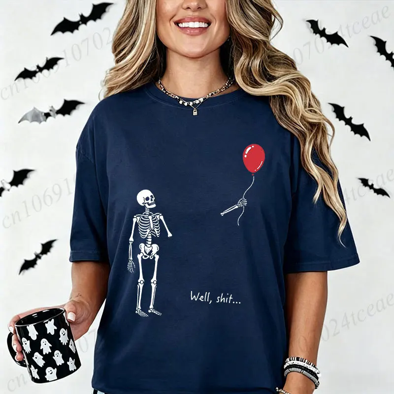 Women Funny Skeleton Red Balloon Graphic T Shirt Well Shit Sarcastic Halloween Print Crew Neck Short Sleeve Casual Party Tee