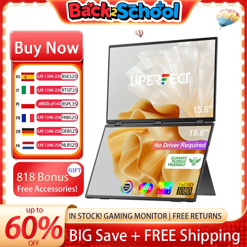 UPERFECT Delta 15,6 doppio monitor portatile per prolunga schermo portatile 1080P HDR 360 °   Pieghevole impilato con supporto per PC portatile