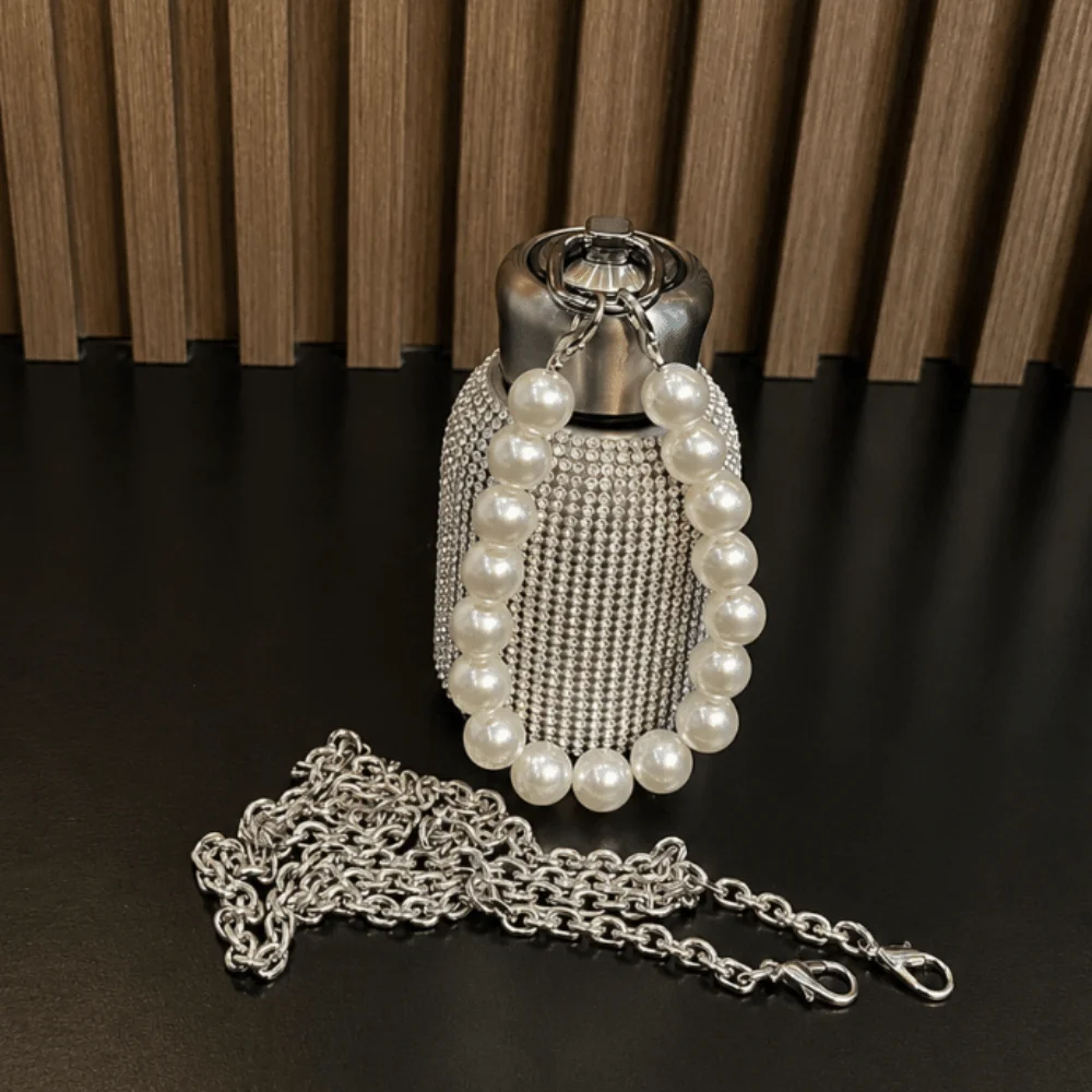 Drinkware 300ml Rhinestone Thermos Cup Leak-Proof Bling Insulated Water Bottle Reusable with Chain Glitter Coffee Cup Lovers