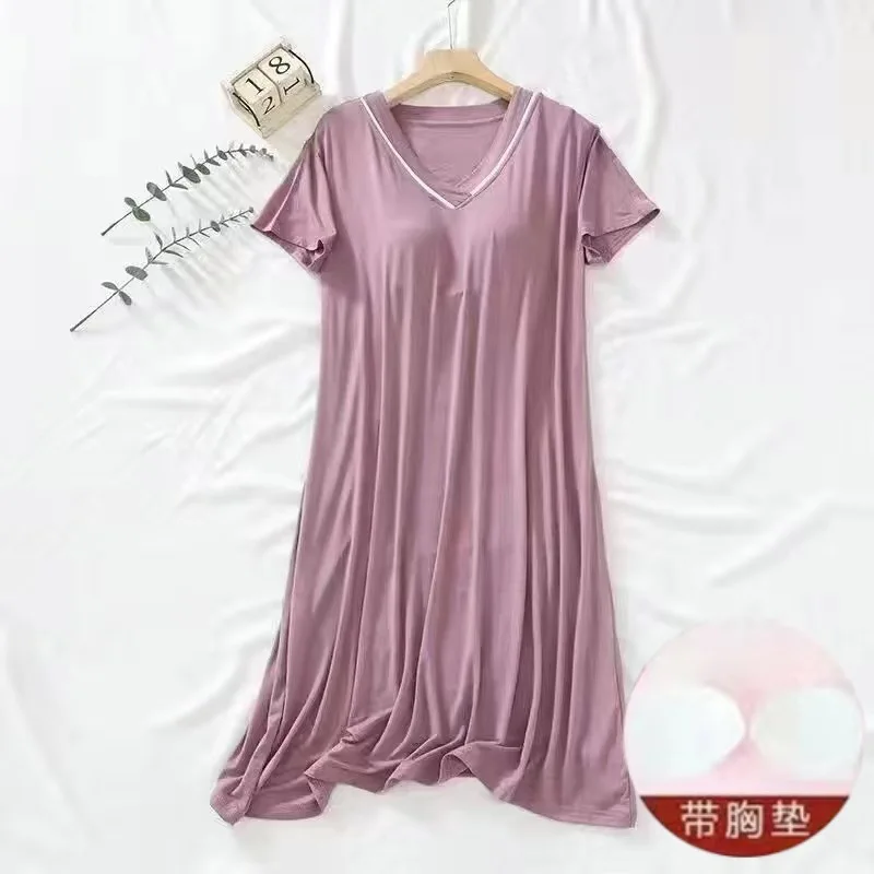 Summer Women Simple Solid Colour Nightgowns Girls Loose V Neck Padding Sleepshirts Lady Comfortable Casual Short Sleeve Homewear