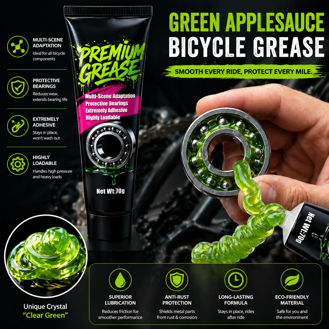 Premium 70g Fahrrad-Schmierfett Grünes Apfelsaft-Lagerfett Naben- und BB-Schmiermittel Öl Schmiermittel Lipid-Elemente für Shimano Sram – Detail 5