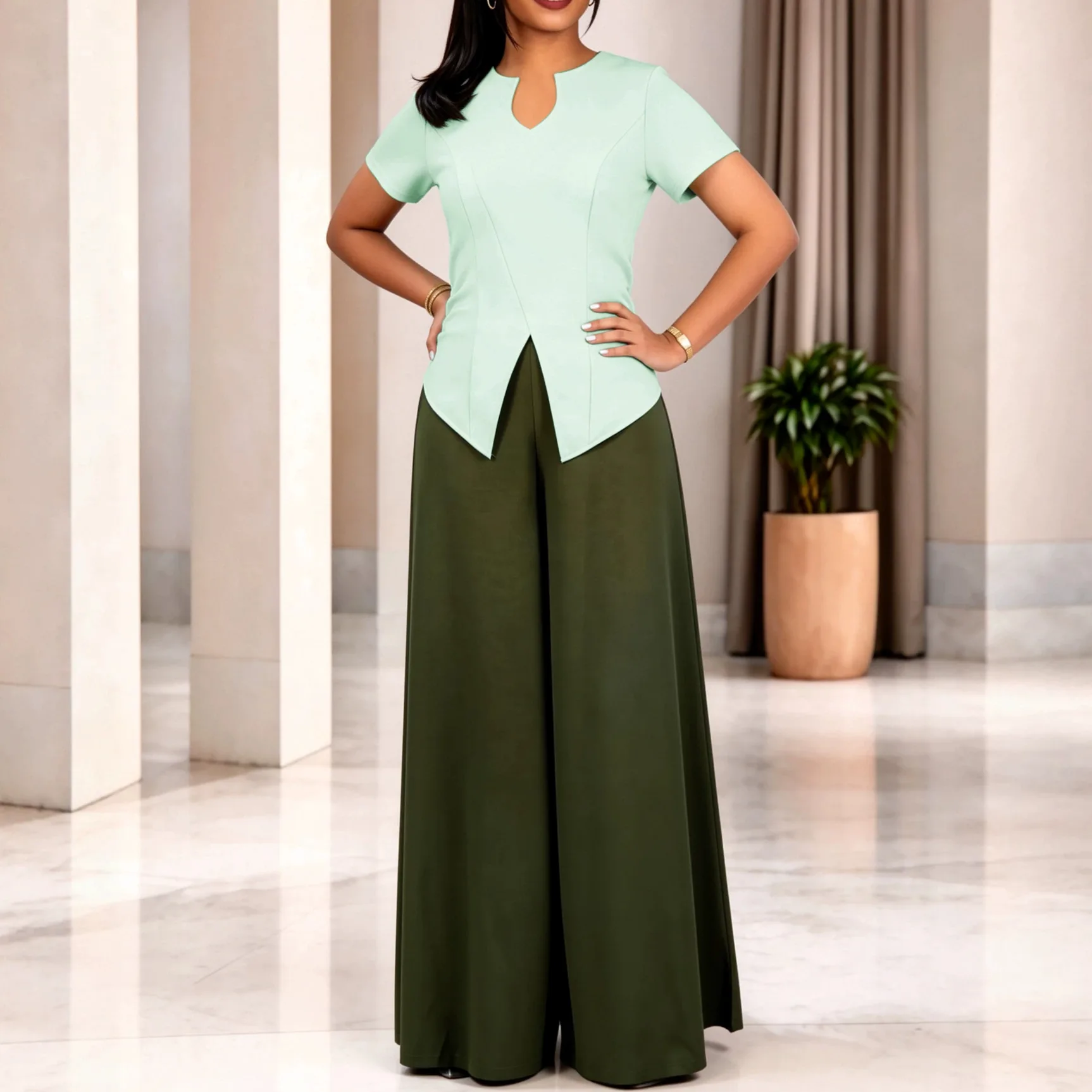 

Casual Two Piece Set Women V Neck Short Sleeve Chic Tops High Waist Wide Leg Pants Suit Fashion Daily Outfits Africa Clothing