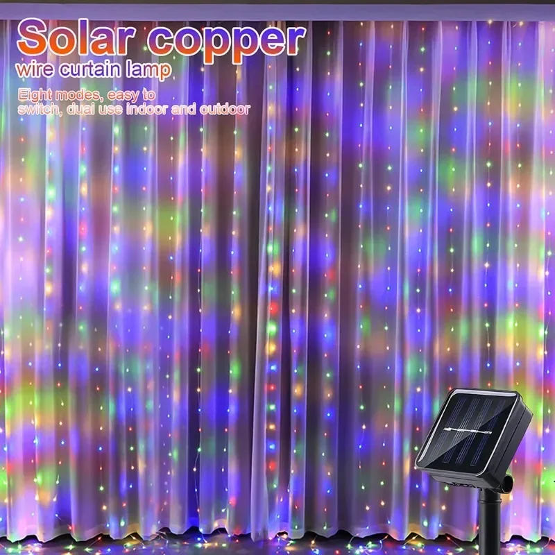 Imagem -04 - Solar Powered Curtain String Lights Fairy Lights Casamento Guirlanda de Natal Festa de Halloween Ano Novo Jardim Decoração Home 1pc