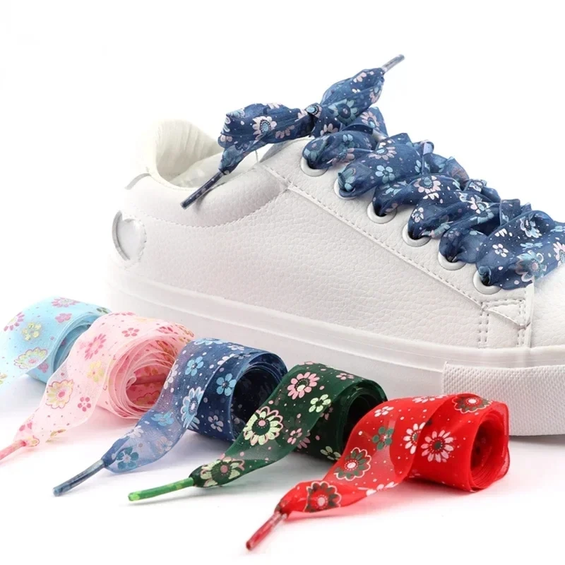 Floral Shoelaces Printing Snow Yarn Laces for Sneakers 2.5CM Width 80CM/100CM/120CM Length Flat Shoelaces for Sport Casual Shoes