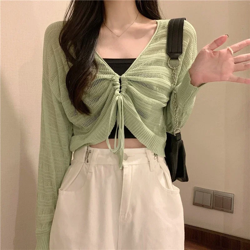 Pink Reversible Hollow Drawstring Knitted Sun Protection Cardigan For Women In Summer Thin Design