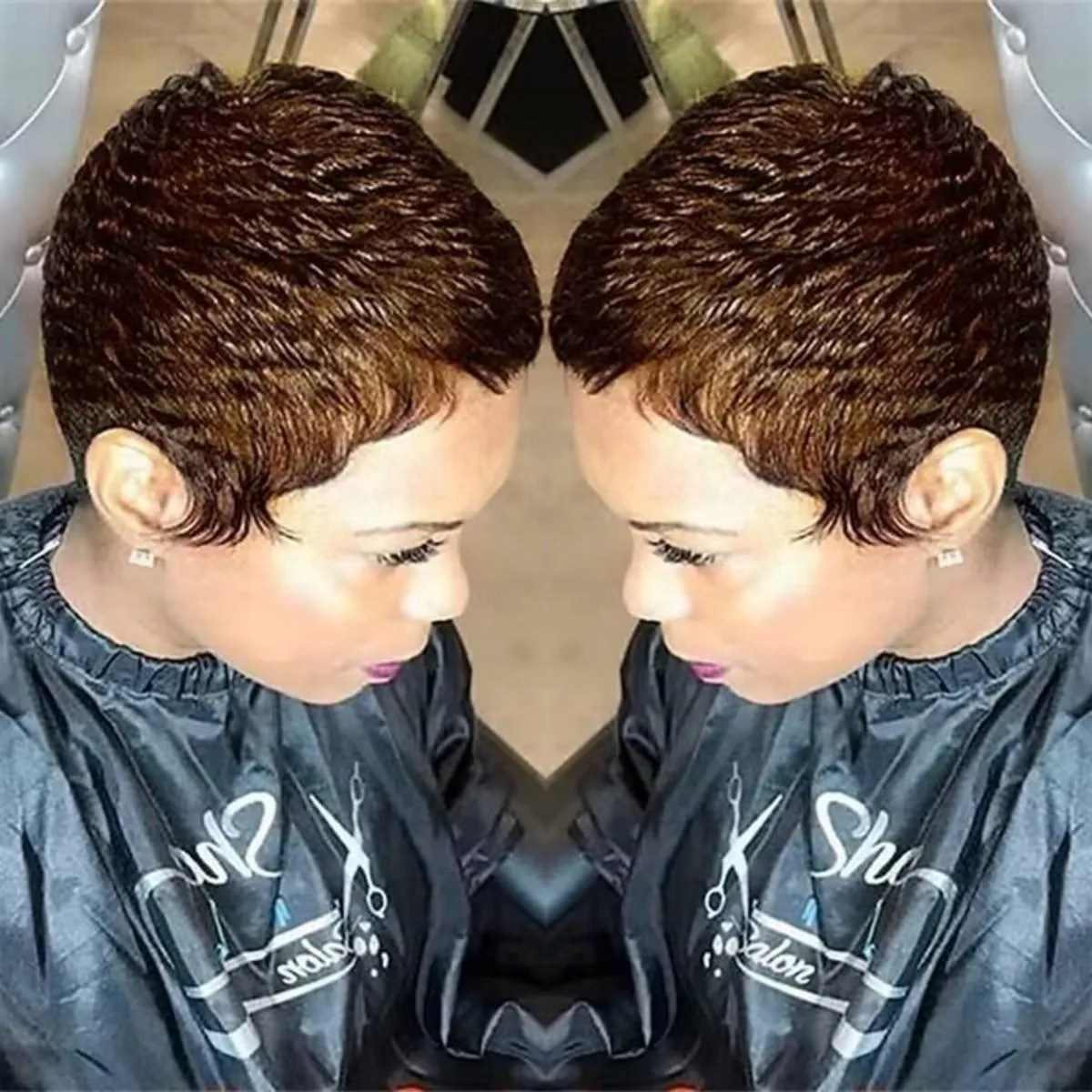 짧은 곱슬머리 여름 레이어드 인모 픽시컷 풀 머신 메이드 가발 (데일리용)