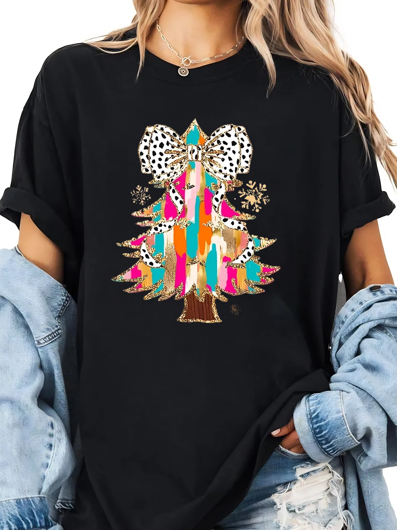 Christmas Tree Print Holiday T-shirt Women Casual Festive Wear Black Plus-size