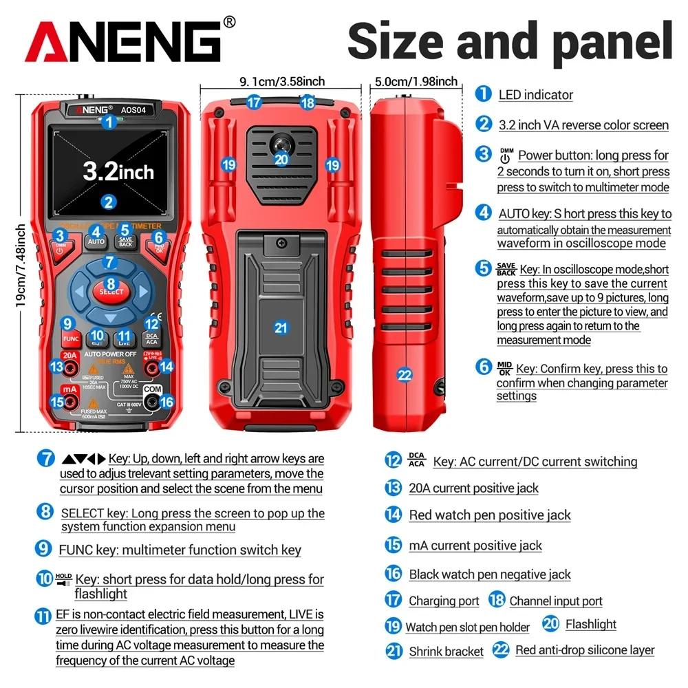 50MS/s Sampling Rate 10Mhz Bandwidth Support Waveform AC/DC Voltage Test Tools ANENG AOS04 Digital Oscilloscope Multimeter