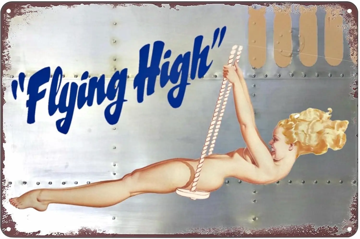 Sexy Blond Woman Aviation Nose Art Metal Poster Pinup Girl Swing Flying High Tin Sign Wall Decor Plaque for Home Club Living
