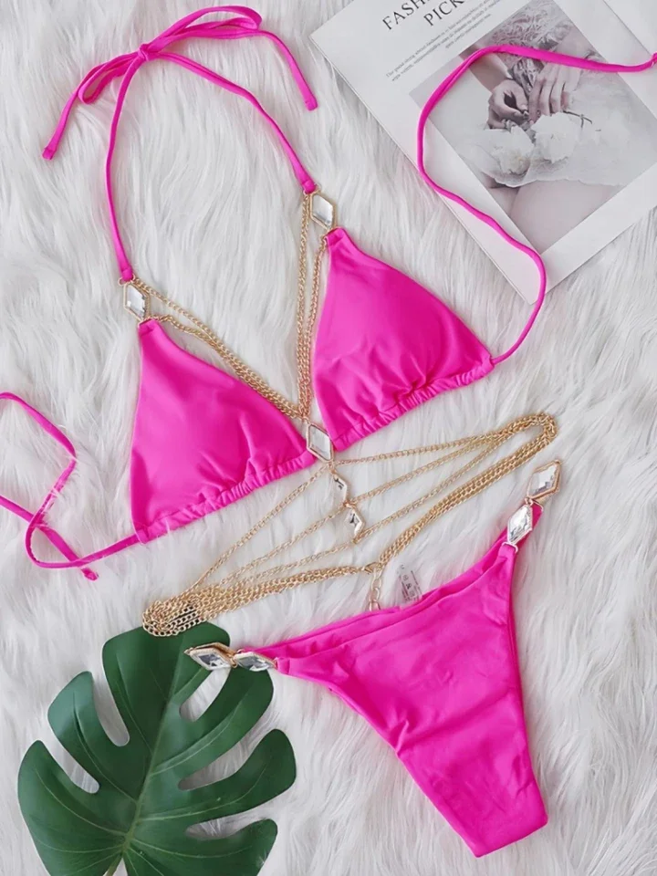 

Bikini Crystal Body Chain Decorated Swimsuit Strap separates Beach Swimsuit