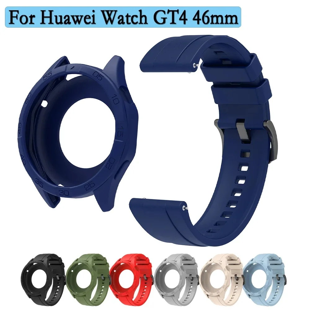 2 In 1 Case + Strap  For Huawei Watch GT 4 46mm High Quality Silicon Watch Protector Shell And Band One Color Watchband Case