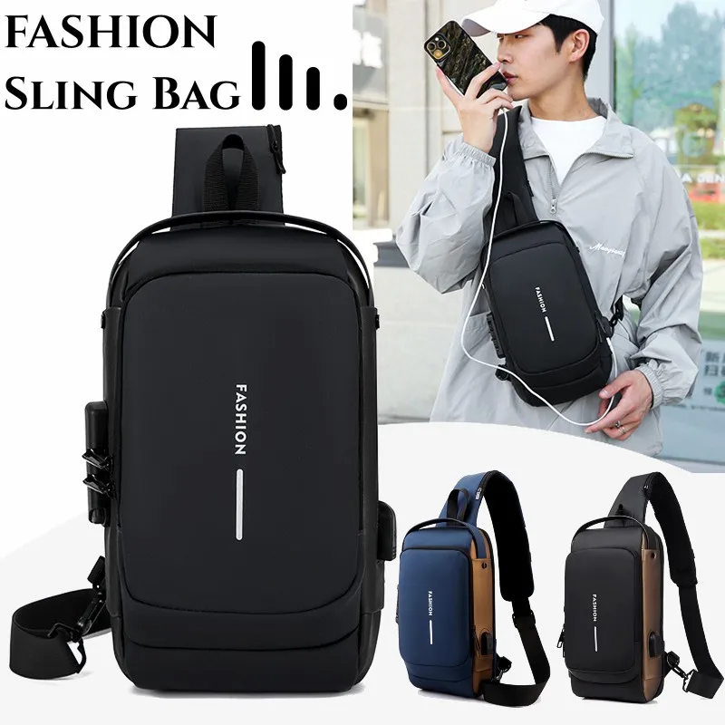 New Men Sports Sling Shoulder Bag Oxford Cloth Waterproof Chest Daypack with USB Charging Port Fashion Anti-Theft Crossbody Bags