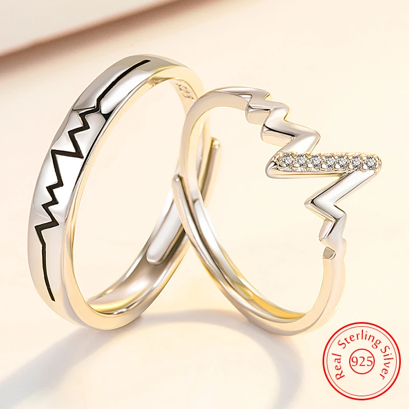 Real 925 Stelring Silver Women's Couple Jewelry Fashion Electrocardiogram Crystal Ring For Men XY0379