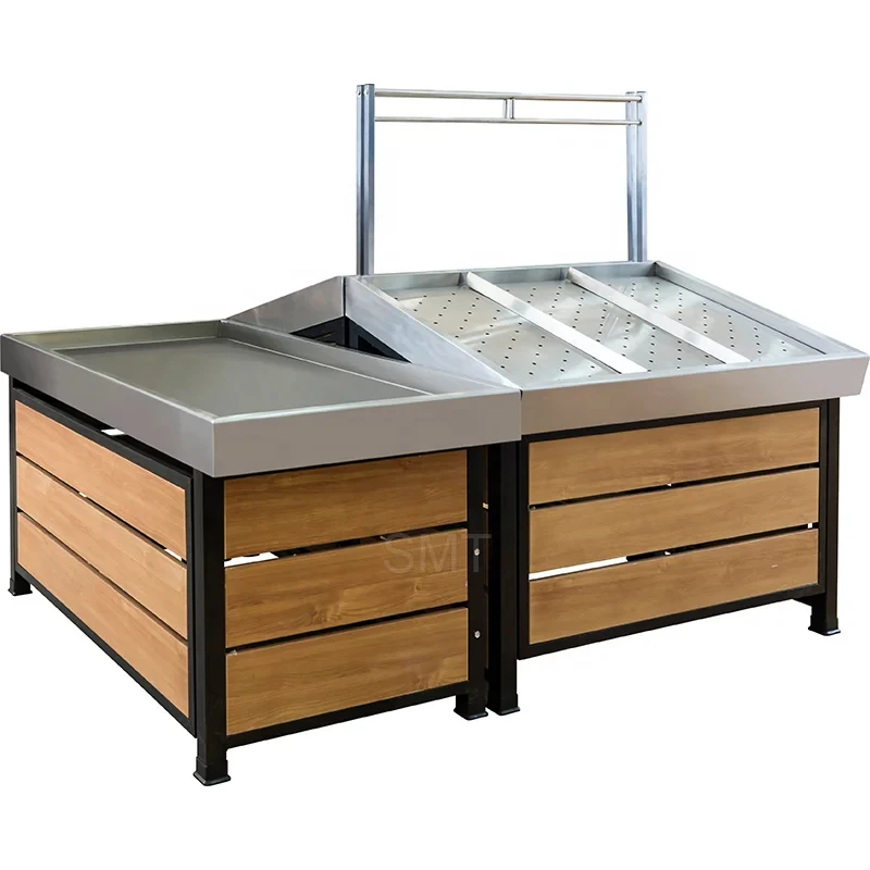 custom.Premium Steel-Wood Produce Display Stand Commercial Fruit and Vegetable Gondola Shelving Grocery Store