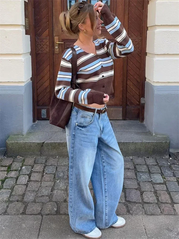 Long Sleeve Stitch Sweatshirt Women's Cardigan Striped Knit Sweater Cardigan Coat Female V-Neck
