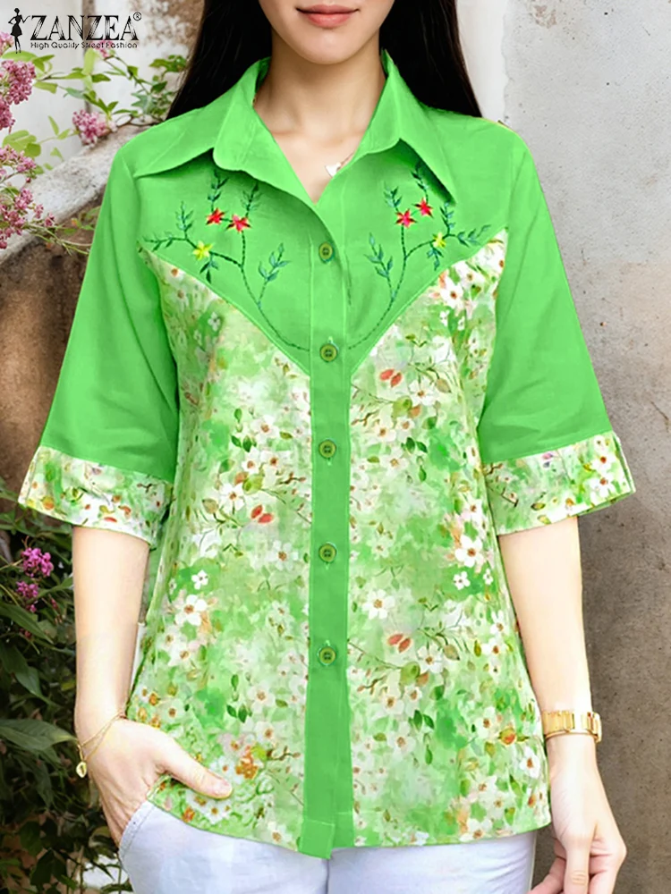 

ZANZEA Summer Floral Printed Shirts Women Tops Lapel Neck Elegant Half Sleeve Tunics 2025 Casual Loose Blusas Beach Cardigans