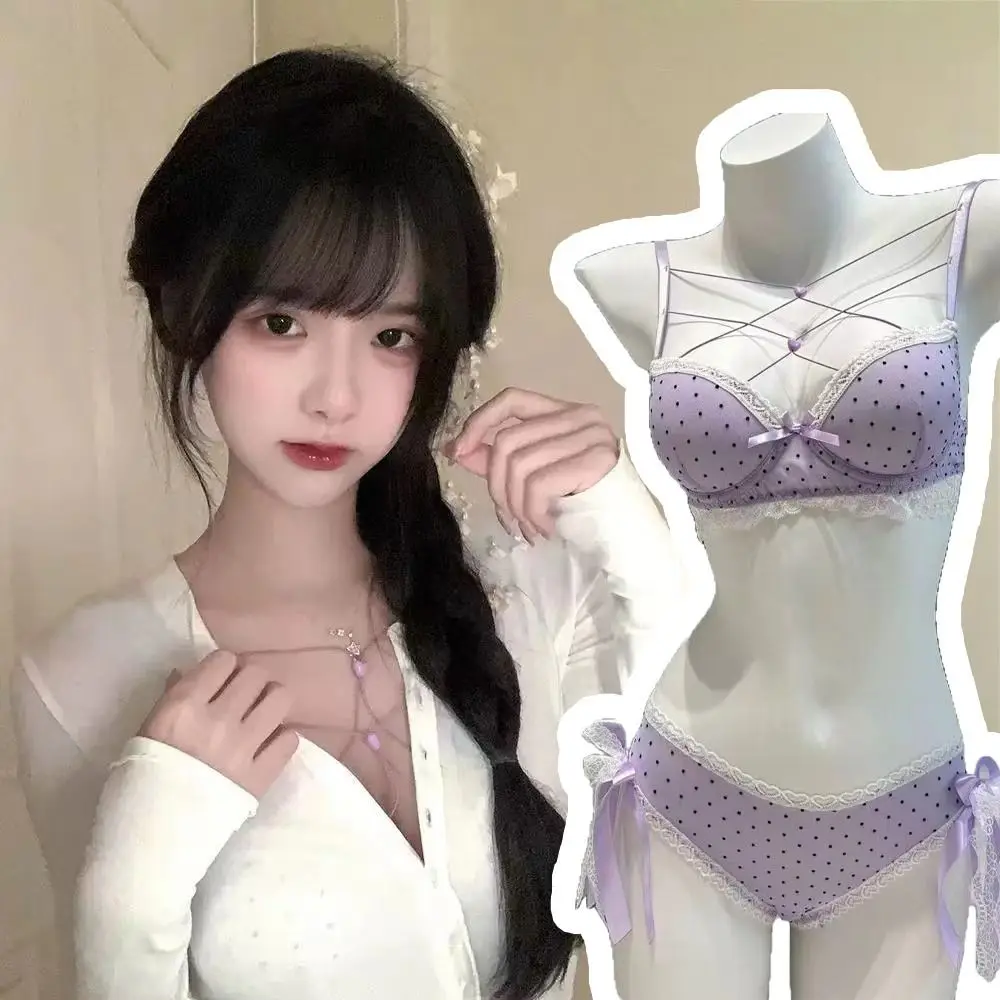 

Sweet Dots Lace Bra Set Bowknots Lace-up Bra Panties Set Love Heart Intimates Push Up Bra Women Bedtime Wear