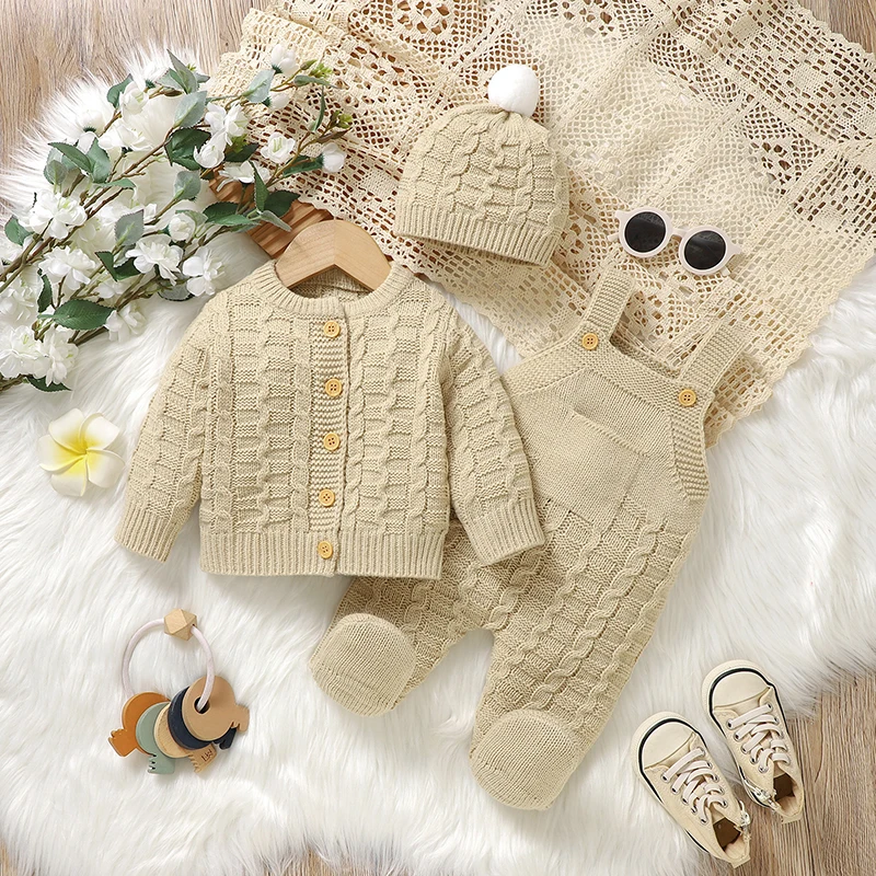 Baby Clothes Sets Autumn Winter Warm Knitted Sweaters Jackets+Hats+Rompers Outfits for Newborn Boys Girls Sweaters Knitwear 0-9m