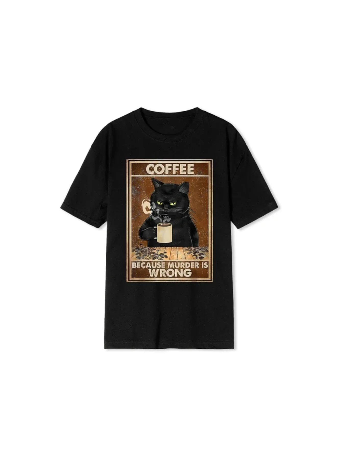 Black Oversized Hip Hop  Cotton Tops Short Sleeves For Men Coffee Because Murder Is Wrong Cat Drinks Coffee Funny T-Shirt funny